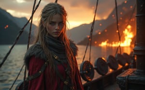 Beautiful skinny Russian viking girl 22 years old, looking at the camera, wear warm viking clothes with a sable collar, holding a Viking battle axe on his shoulder, standing on the deck of a drakkar, sails fluttering, a river, mountains on one side, a burning village on the other, sparks flying, sunset, the sun is setting, clouds in the sky, a storm is beginning, shields on the sides of a drakkar