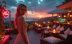 Beautiful skinny Russian viking girl 22 years old, looking at the camera, evening dress, evening, terrace of a beautiful hotel, tables, chairs, beautiful lamps, flower beds with flowers and grass, aquariums with fish, bar, neon sign BAR UTOPIA, soft chairs, the sun is setting, clouds, a thunderstorm is beginning