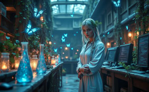 Beautiful skinny Russian viking girl 22 years old, looking at the camera, tight lab clothes, butterfly factory, laboratory flasks, transparent tubes with glowing liquid, butterflies flying, beautiful flowers, vines, high ceilings, neon lights, blue flags, tables with computers, monitors with code