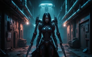 Large open space, twilight, smoke, neon lighting, underground matrix city, beautiful Russian girl 22 years old, looking at the camera, dressed in cyberpunk clothes, scene in the style of "Matrix", behind a combat robot, holding a cyberpunk sword in his hands, in the background on the walls flags with the image of a claw, lamps shine with a weak light, on the ceiling there are logs, cable channels, scraps of wires, drops of water are falling, in the distance in the tunnel you can see an old drilling rig, next to it lies old equipment, half covered with dust