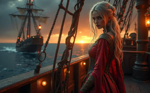 Evening, beautiful Russian girl 22 years old, dressed in shiny magical clothes, realistic facial features, stands on the course on the bridge of a pirate ship, the ship is two-masted, realistic hands hold a telescope, looks forward, a storm begins, the sun sets, a small dragon sits near her feet, small signature in the corner of the painting Tony