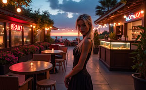 Beautiful skinny Russian viking girl 22 years old, looking at the camera, evening dress, evening, terrace of a beautiful hotel, tables, chairs, beautiful lamps, flower beds with flowers and grass, aquariums with fish, bar, neon sign BAR UTOPIA, soft chairs, the sun is setting, clouds, a thunderstorm is beginning