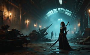 Large open city ​​area, twilight, smoke, neon lighting, underground matrix city, beautiful Russian girl 22 years old, looking at the camera, dressed in cyberpunk clothes, scene in the style of "Matrix", behind a combat robot, holding a cyberpunk sword in his hands, in the background on the walls flags with the image of a claw, lamps shine with a weak light, on the ceiling there are logs, cable channels, scraps of wires, drops of water are falling, in the distance in the tunnel you can see an old drilling rig, next to it lies old equipment, half covered with dust