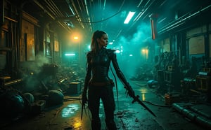 Large open city ​​area, twilight, smoke, neon lighting, underground matrix city, beautiful Russian girl 22 years old, looking at the camera, dressed in cyberpunk clothes, scene in the style of "Matrix", behind a combat robot, holding a cyberpunk sword in his hands, in the background on the walls flags with the image of a claw, lamps shine with a weak light, on the ceiling there are logs, cable channels, scraps of wires, drops of water are falling, in the distance in the tunnel you can see an old drilling rig, next to it lies old equipment, half covered with dust