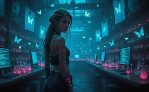 Beautiful skinny Russian viking girl 22 years old, looking at the camera, butterfly factory, laboratory flasks, transparent tubes with glowing liquid, butterflies flying, beautiful flowers, vines, high ceilings, neon lights, blue flags, tables with computers, monitors with code