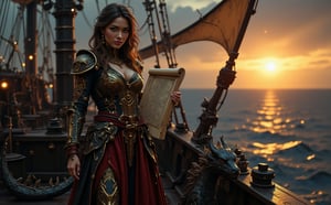 Evening, beautiful Russian girl 22 years old, dressed in shiny magical clothes, realistic facial features, stands on the course on the bridge of a pirate ship, the ship is two masted, realistic hands holds a scroll with map,  looking at the camera, a storm is begins, the sun sets, a small dragon sits near her feet, the sails are fluttering