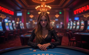 Beautiful skinny Russian viking girl 22 years old, looking at the camera, casino, gaming tables, slot machines, rich decoration, chandeliers, neon sign POKER CLUB UTOPIA