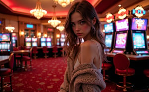 Beautiful skinny Russian viking girl 22 years old, looking at the camera, casino, gaming tables, slot machines, rich decoration, chandeliers, neon sign POKER CLUB UTOPIA