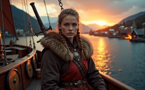 Beautiful skinny Russian viking girl 22 years old, looking at the camera, wear warm viking clothes with a fur collar, behind back is a sword in a sheath, in hands is a battle axe, standing on the deck of a drakkar, sails fluttering, a river, mountains on one side, a burning village on the other, sparks flying, sunset, the sun is setting, clouds in the sky, a storm is beginning, shields on the sides of a drakkar