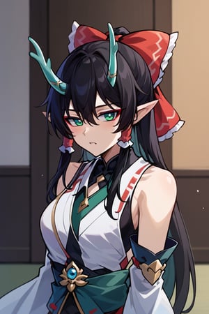 wears large red ribbon in hair just like reimu's, dhil, black hair, long hair, green eyes, red eyeliner, pointy ears, green horns