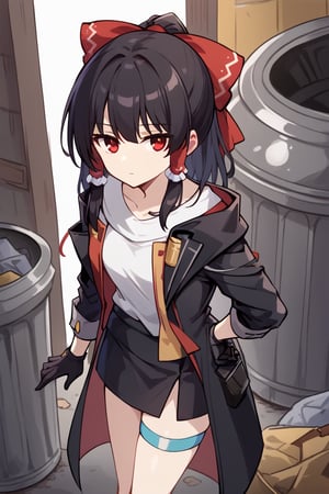 Dark red eyes, black hair, wears reimu's large red ribbon in hair, expressionless, looking at viewer, black coat, open coat, white shirt, black gloves, black skirt, thigh strap, trash can 