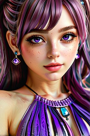 (best quality,4k,8k,highres,masterpiece:1.2),ultra-detailed,(realistic,photorealistic,photo-realistic:1.37),portrait,beautiful detailed eyes,beautiful detailed lips,extremely detailed eyes and face,longeyelashes,long hair,detailed jewelry,vivid colors,smile,skirt,night,purple eyes,multicolor hair,twintails,earrings,(purple skirt:1.5)., 