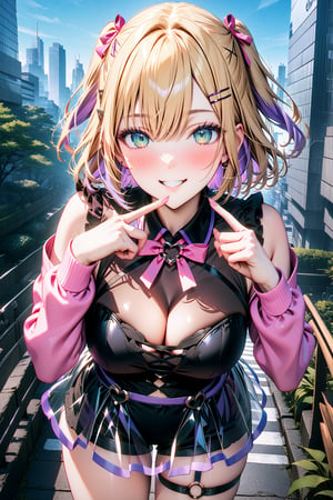 masterpiece, sharpness, high quality, perfect anatomy, highres, unity 8k wallpaper, ultra detailed eyes, super detailed skin, detailed skin, 4k, detailed hair, detailed beautiful eyes, 2.5D, 2D, detailed hands, detailed finger, 4 finger, thumb, Kurumi Noah, NoahBase, busty, cyan eyes, multicolored hair, short hair, blonde hair, purple hair, two side up, hair ribbons, hairclip, black shirt, frills, sleeveless, pink bowtie, pink jacket, see-through skirt, black shorts under skirt, o-ring thigh strap, smile, outdoors, blue sky, tokyo city architecture, standing, bent over,