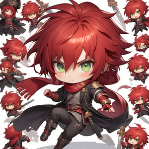 1_red-haired white-skinned swordsman boy, green eyes, short messy red haircut, long red scarf, gray vest with silver details, long black coat with silver details, black pants with minimal details, red pirate belt with gold buckle, red gloves fingerless, dynamic pose, antenna hair, looking at viewer, white background, full body. chibi