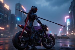 Twilight 
a mountain modern road overlooking a futuristic neon cyberpunk city sits a lone figure
A woman astride Futuristic armoured sports bike 
She looks out over The city belowher jaw set in grim determination
in her right hand (((she holds A long spear point in air)))
(a long red streamer Blows gently in the breezetied to the shaft under the head of her lance)
The sports bike has (saddle bags) And a (blanket roll Tied behind the seat) 
The woman wears a Futuristic.helmet 
The woman wears a mix of leather and futuristic ceramic armor plates
The armor plates are deep purple in color., HGHTC,HIGH-TECH STYLE,BionicSkin