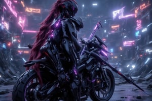 Twilight, mountain road, overlooking futuristic neon cyberpunk city, woman, black sports bike like  from Akira,  (((holds long spear))), long red ponytail, saddle bags, blanket roll Tied behind seat, sci fi helmet, ((purple BionicSkin))),HIGH-TECH STYLE, HGHTC