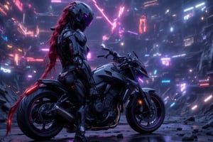 Twilight, mountain road, overlooking futuristic neon cyberpunk city, woman, black sports bike like  from Akira,  (((holds long spear))), long red ponytail, saddle bags, blanket roll Tied behind seat, sci fi helmet, ((purple BionicSkin))),HIGH-TECH STYLE, HGHTC