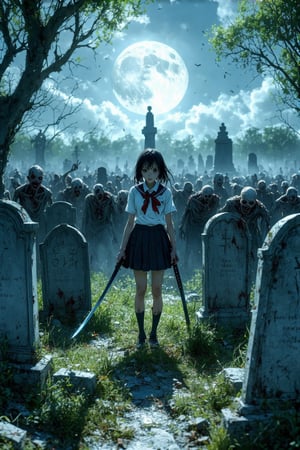 (High resolution,  high definition,  moonlight,  (score_9, score_8_up, score_7_up, score_6_up, masterpiece, best quality, best aesthetics, high resolution, good colors, good shading,  perfect_eyes, (intricate, highly detailed, 8K, sideview)

BREAK 

Foggy graveyard
Japanese girl, 16 years old, School uniform, stands amongst gravestones. 
she holds a single long katana In front of her blade raised ready to  strike 
((She holds the hilt Of The katana. with both hands))
A large number of zombies converge From all directions
She is surrounded by zombies
Zombies are closing in from her back front and sides
((Zombie looms over her approaching from the front With its arms raised  reaching toward her))
