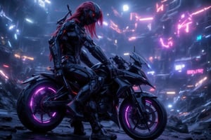 Twilight, mountain road, overlooking futuristic neon cyberpunk city, woman, black sports bike like  from Akira,  (((holds long spear))), long red ponytail, saddle bags, blanket roll Tied behind seat, sci fi helmet, ((purple BionicSkin))),HIGH-TECH STYLE, HGHTC