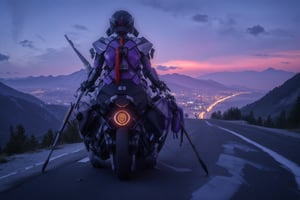 Twilight, mountain road, overlooking futuristic neon cyberpunk city, woman, black sports bike like  from Akira,  (((holds long spear))), long red ponytail, saddle bags, blanket roll Tied behind seat,  cybernetic helmet, ((purple mecha armour))), ((cyberhelmet)), 
 ((mecha armour))