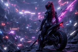 Twilight, mountain road, overlooking futuristic neon cyberpunk city, woman, black sports bike like  from Akira,  (((holds long spear))), long red ponytail, saddle bags, blanket roll Tied behind seat, sci fi helmet, ((purple BionicSkin))),HIGH-TECH STYLE, HGHTC