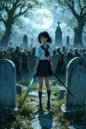 (High resolution,  high definition,  moonlight,  (score_9, score_8_up, score_7_up, score_6_up, masterpiece, best quality, best aesthetics, high resolution, good colors, good shading,  perfect_eyes, (intricate, highly detailed, 8K, sideview)

BREAK 

Foggy graveyard
Japanese girl, 16 years old, School uniform, stands amongst gravestones. 
she holds a single long katana In front of her blade raised ready to  strike 
((She holds the hilt Of The katana. with both hands))
A large number of zombies converge From all directions
She is surrounded by zombies
Zombies are closing in from her back front and sides
((Zombie looms over her approaching from the front With its arms raised  reaching toward her))
