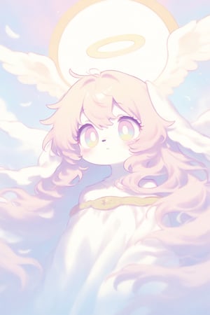 1girl,solo,furry, angel, pale color,The image features an angelic character with a soft and ethereal quality. The character is adorned with a halo, which is a common symbol associated with angels in various cultures. The halo's presence suggests purity or divinity. The character's large eyes and gentle expression contribute to the overall serene and peaceful mood of the image. The pastel color palette adds to the dreamy and whimsical atmosphere. The clouds, while not detailed, provide a context for the character's setting, implying a heavenly or celestial realm. There is no indication of any specific action or narrative, but the image evokes a sense of tranquility and innocence.