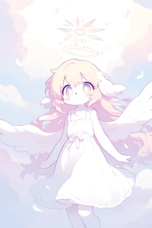 1girl,solo,furry, angel, pale color,The image features an angelic character with a soft and ethereal quality. The character is adorned with a halo, which is a common symbol associated with angels in various cultures. The halo's presence suggests purity or divinity. The character's large eyes and gentle expression contribute to the overall serene and peaceful mood of the image. The pastel color palette adds to the dreamy and whimsical atmosphere. The clouds, while not detailed, provide a context for the character's setting, implying a heavenly or celestial realm. There is no indication of any specific action or narrative, but the image evokes a sense of tranquility and innocence.