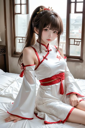 1girl, solo, long hair, looking at viewer, bangs, brown hair, hair ornament, dress, brown eyes, ponytail, detached sleeves, indoors, white dress, window, bed, chinese clothes, tassel