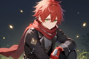 1 boy, red hair, green eyes, black_jacket, long_jacket, jacket with silver trim, gray_shirt, closed_mouth, red_hair, hair_between_eyes, short_hair, messy_hair, male focus, red_scarf, long_scarf, fingerless_gloves, red_gloves, big_gloves, sturdy_gold_edged_gloves, black_pants, pants with details subtle, black_combat_boots, ribbons_with_silver_buckles_on_arms, belt_with_a_silver_buckle, red cloth tied over the suit around the waist white background, on a night with fireflies