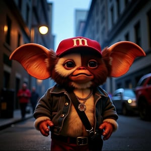 cinematic, god rays lighting, smiling,  gizmo wearing a hip hop outfit, wearing a mariguana cap, with a cigarette  in a dark alley in the city, street lights around him, he looks surprised, shadows play lighting, ultra defined textures, ultra defined colors, 8k, 35mm, gmz,gxz