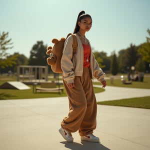 cinematic, volumetric lighting, diffused lighting, soft shadows, shot in the style of Sony Alpha A7 III, full body shot of a russian cuban woman, looking at viewer, side shot wearing a hip hop outfit, a necklace , with preppy trainers, teddy bear backpack, in a skateboarding park, sunny day, dancing pose,  ultra realistic, ultra defined image and textures, 8k,hhstyle,hipsz,pimpmeup