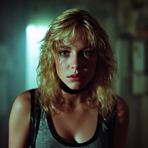 Cinematic,, harsh direct lighting, full body shot, a beautiful sexy petit girl wearing 80s outfit, blue eyes, 80s blonde hair,  in camp crystal, ultra detailed textures, 80s photography, Ultracam 35mm, (grainy film:1),  in camp crystal where jason voorhees lurks around, She looks serious.