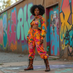 cinematic, full body shot, looking at viewer, smiling, a cute short haired with bangs curvy african woman, wearing a layered colorful fashionable outrageous hip hop women's outfit, in a graffiti playground, confident pose with an attitude, in the streets, wearing boots, ultra detailed, ultra realistic, real photography, 8k,blxa,afbl,agbstyle