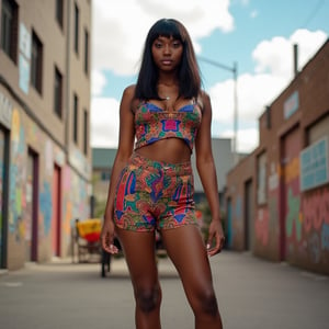 cinematic, full body shot, looking at viewer, smiling, a cute straight hair mane with bangs, curvy african woman, wearing a colorful hip hop women's outfit, in a graffiti playground, confident pose with an attitude, in the streets, wearing boots, ultra detailed, ultra realistic, real photography, 8k,blxa,afbl,agbstyle