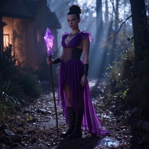 Cinematic a candid of a black haired young woman, dramatic lighting, shimmering lighting, prismatic effect, ultra realistic, ultra detailed textures, she's wearing purple witch costume she's holding a purple cyrstal staff, she has hairbun style, leather boots, standing up outdoors, in a mansion next to a swamp, looking at the viewer,debim,mazar,dbmz