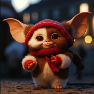 Cinematic, dreamy lighting, front facing view, at night, a candid of a fluffy gizmo, wearing a red scarf, small  red mittens, painting a mogwai in a wall,  highly detailed fur, ultra realistic, ultra realistic textures