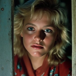 Cinematic,, harsh direct lighting, full body shot, a beautiful sexy petit girl wearing 80s outfit, blue eyes, 80s blonde hair,  in camp crystal, ultra detailed textures, 80s photography, Ultracam 35mm, (grainy film:1),  in camp crystal where jason voorhees lurks around, She looks serious.