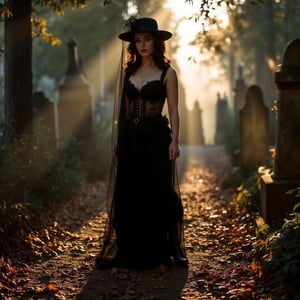 Cinematic a candid of a black haired young woman, dramatic lighting, shimmering lighting, prismatic effect, ultra realistic, ultra detailed textures, black fancy dress with a black hat and black veil on it, leather boots, standing up, in a fancy cemetery, looking at the viewer,debim,mazar,dbmz