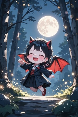 A chibi vampire, small and cute, dancing joyfully under the moonlight. The scene is framed mid-shot, with the vampire's tiny wings fluttering as they spin. The lighting is soft and silvery, casting a magical glow on the vampire's pale skin and dark hair. The composition is centered, with the moon glowing brightly in the background. The vampire's expression is playful, with a wide smile and sparkling eyes. The location is a mystical forest clearing, with tall trees and glowing fireflies adding to the enchanting atmosphere.