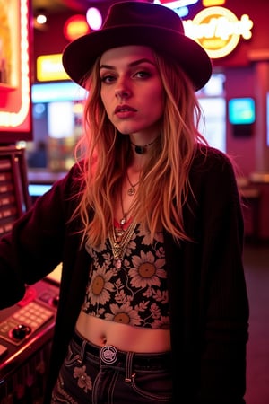 A close-up shot of ZZ Ward wearing a rock grunge outfit, including a cardigan, in a dimly lit Hard Rock Cafe. The lighting is moody with neon signs reflecting off the glossy floor, creating a vibrant atmosphere. ZZ is leaning against a vintage jukebox, her expression intense, with a cigarette casually held between her fingers. Her hair is styled in a tousled, rock-inspired look, and her chin is smooth and regular. The composition is dynamic, capturing the essence of the rock scene.