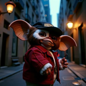 cinematic, god rays lighting, smiling,  gizmo wearing a hip hop outfit, wearing a mariguana cap, with a cigarette  in a dark alley in the city, street lights around him, he looks surprised, shadows play lighting, ultra defined textures, ultra defined colors, 8k, 35mm, gmz,gxz