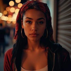 Cinematic, dreamy lighting, front facing view, a candid of a beautiful big round eyes, small nose, slanted eyes, prominent cheekbones, mexican woman, wearing hoop earrings, black face makeup, a white top, an open hoodie. and a plaid red bandana on her hair in a Mexican night holiday, grito de independencia,  ultra realistic, ultra detailed, 8k, real photography