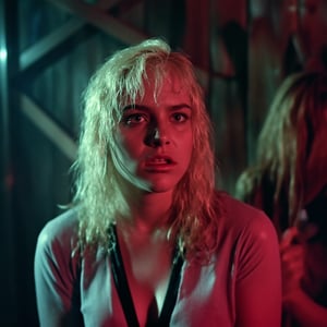 Cinematic,, harsh direct lighting, full body shot, a beautiful sexy petit girl wearing 80s outfit, blue eyes, 80s blonde hair,  in camp crystal, ultra detailed textures, 80s photography, Ultracam 35mm, (grainy film:1),  in camp crystal where jason voorhees lurks around, She looks serious.