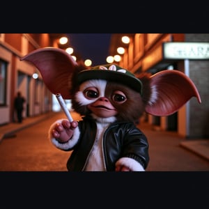 cinematic, god rays lighting, smiling,  gizmo wearing a hip hop outfit, wearing a cap with a mariguana leaf symbol, smoking a cigarette  in a dark alley in the city, street lights around him, he looks surprised, shadows play lighting, ultra defined textures, ultra defined colors, 8k, 35mm, gmz,gxz