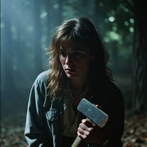  Cinematic,, harsh direct lighting, full body shot, girl wearing an 80s fashion outfit, long brown messy hair, 80s grey coat, she looks distressed and worried,  she's holding an axe. ultra detailed textures, 80s photography, Ultracam 35mm, (grainy film:1), in camp crystal where jason voorhees lurks around, 