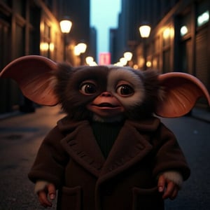 cinematic, god rays lighting, smiling,  gizmo wearing a big coat,  in a dark alley in the city, street lights around him, he looks surprised, shadows play lighting, ultra defined textures, ultra defined colors, 8k, 35mm, gmz,gxz