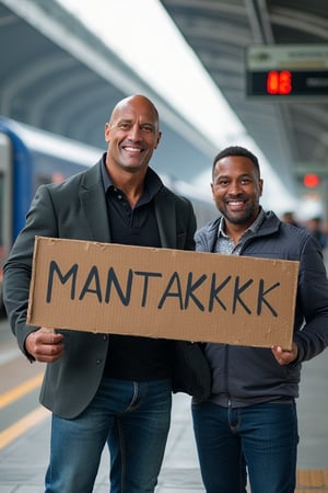 A photo of Dwayne "The Rock" Johnson and a handsome malay man of 30, together holding a sign with the inscription "MANTAKKK". They are standing on Kuala Lumpur in Malaysia. In the background train station.