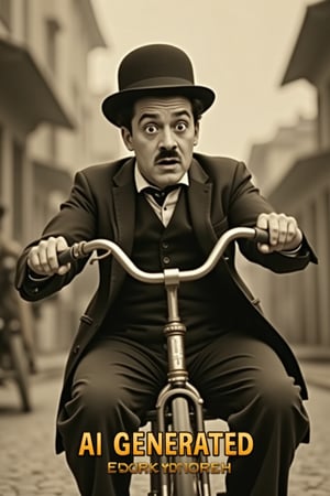 A sepia-toned photo of Charlie Chaplin with a confused look on his face as he rides a tricycle. He is wearing his signature bowler hat and a suit. The background is blurred and contains a few buildings. At the bottom of the image, the small title "Ai Generated | Encik Penoreh" is displayed in bold, golden lettering. Cinematic