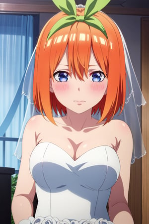 yotsubanakano, 4k, absurd, high resolution, very high resolution, high definition, masterpiece, short hair, orange hair, hair ribbon, green ribbon, blue eyes, hair between the eyes, shiny hair, blush, embarrased, white wedding dress, sheer bridal veil, bridal veil over the head